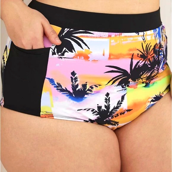 ❤️NWT VINTAGE TORRID SWIM BOTTOM - HIGH RISE POCKETS TROPICAL SUNSET SWIM BRIEF - Picture 1 of 11